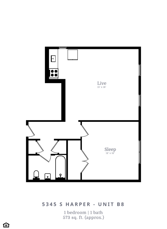 Floor plan for 1 bed, 1 bath, 575 sqft